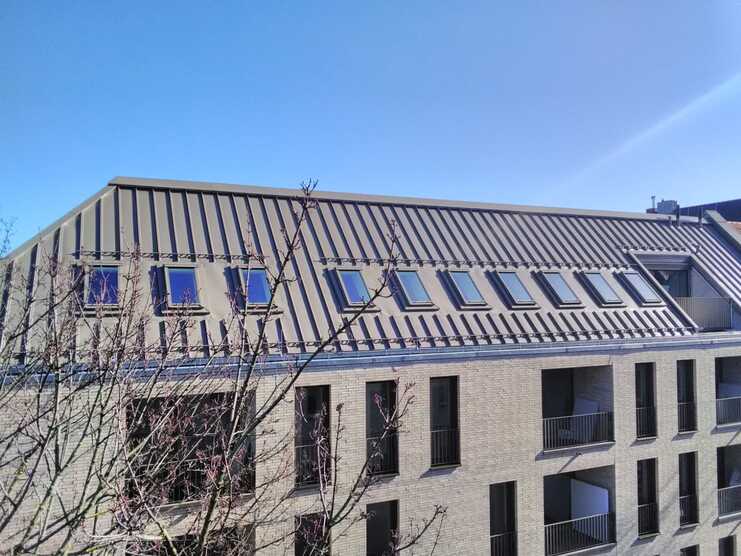 Mehrfamilienhaus mit steilem Metalldach und zahlreichen eingebauten Dachfenstern.