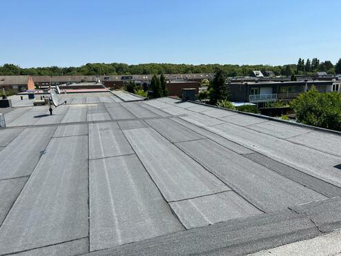 Weitläufiges Flachdach eines Gebäudes, bedeckt mit grauen Dachbahnen, umgeben von Wohnhäusern und Bäumen unter klarem blauem Himmel.