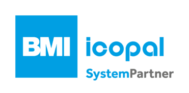 Logo der Firma BMI Icopal in blau und grau, mit den Worten "SystemPartner" in kleinerer Schrift.